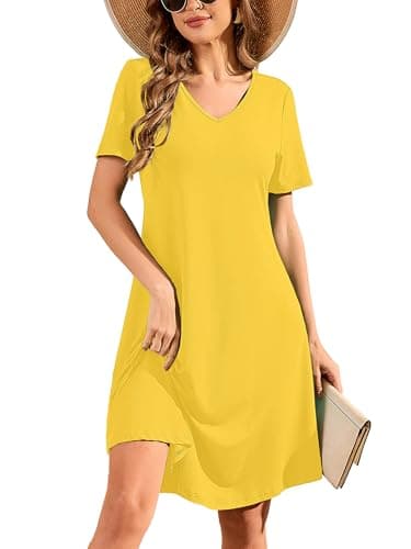DEARCASE Women's T Shirt Dress Short Sleeve V-Neck Spring Summer Casual Loose Flowy Swing Midi Tunic Dresses — image 1