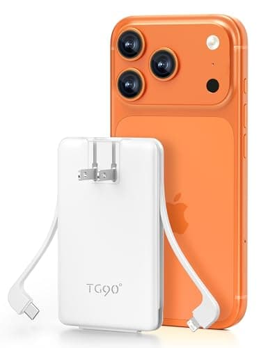 TG90° 5000mAh Small Portable Charger Built in AC Wall Plug and Cables, Card Size Power Bank with USB C Cords for Phones, 3 Output External Battery Pack Compatible with iPhone, Android Devices
