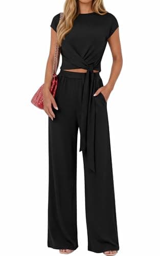 PRETTYGARDEN 2 Piece Lounge Sets For Women 2026 Summer Casual Outfits Cap Sleeve Belted Crop Tops Wide Palazzo Leg Pants — image 1