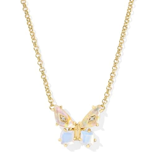 Kendra Scott Bianca Butterfly Short Pendant Necklace, 14K Gold-Plated Brass, Fashion Jewelry for Women, Iridescent White Mix