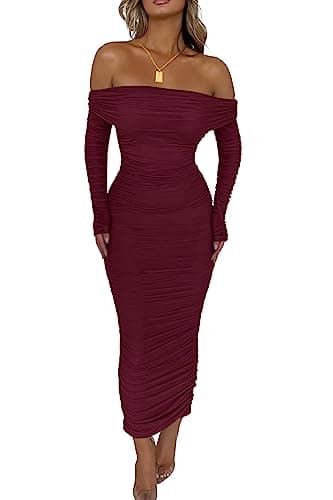 PRETTYGARDEN Women's Fall Off Shoulder Maxi Bodycon Dress Long Sleeve Ruched Fitted Club Dresses with Slit (Wine Red,Medium)