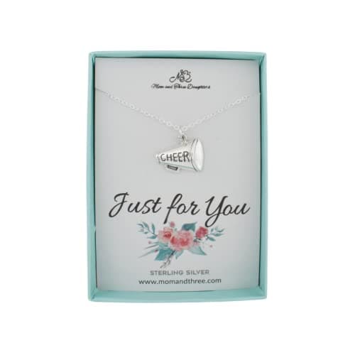 MOM & THREE DAUGHTERS Cheer Megaphone Necklace |16" Cable Chain | 925 Sterling Silver | Girl's Cheerleading Gift | Jewelry for Girls