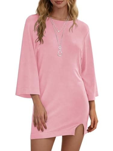Wenrine Womens Summer T Shirt Dress Casual 3/4 Sleeve Crewneck Slit Loose Shift Mini Dresses — image 1