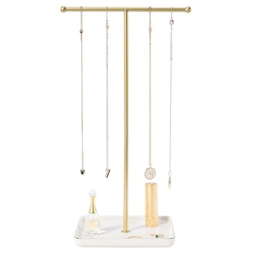Necklace Holder Stand with Ceramic Tray, 13.78" Tall T Bar Jewelry Organizer for Tangle Free Storage, Gold Necklace Holder for Bracelets Rings, Vanity Dresser Room Decor, Gift for Women Girls — image 1