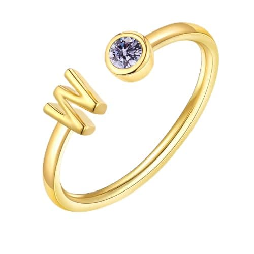 ZNBOH Gold Birthstone Initial Rings for Women Non Tarnish Dainty 14K Gold Plated Adjustable Letter Ring for Women Stackable Cute Thumb Pinky Fashion Unique Open Simple Birthday Gifts Jewelry — image 1