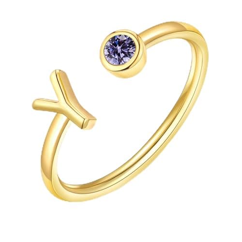 ZNBOH Gold Birthstone Initial Rings for Women Non Tarnish Dainty 14K Gold Plated Adjustable Letter Ring for Women Stackable Cute Thumb Pinky Fashion Unique Open Simple Birthday Gifts Jewelry — image 1