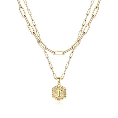 M MOOHAM Mothers Day Gifts, 14K-Gold-Plated Initial Necklaces for Women Cute Hexagon Letter Initial Necklace Layered Necklaces for Women Teen Girl Gifts