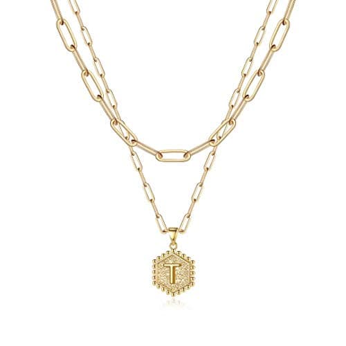 M MOOHAM Mothers Day Gifts, 14K-Gold-Plated Initial Necklaces for Women Cute Hexagon Letter Initial Necklace Layered Necklaces for Women Teen Girl Gifts — image 1