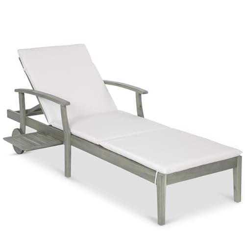 Best Choice Products 79x26in Acacia Wood Chaise Lounge Chair Recliner, Outdoor Furniture for Patio, Poolside w/Slide-Out Side Table, Foam-Padded Cushion, Adjustable Backrest, Wheels - Gray/Cream — image 1