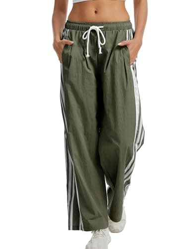 DAOAO Side Striped Pant Cotton Pants for Women Casual Y2K Palazzo Wide Leg Track Pants Drawstring — image 1