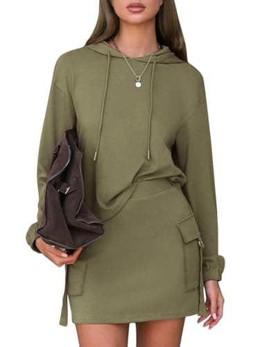 EXLURA Women Two Piece Set Cotton Sweatsuit Travel Airport Outfits 2026 Tracksuit Hooded Sweatshirt Cargo Skort Skirt Pockets — image 1
