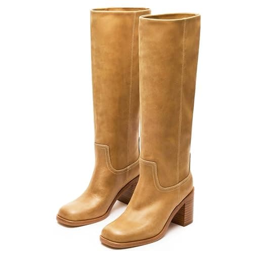 heelchic Knee High Boots for Women Campus Banana Square Toe Chunky Block Heel Tall Boots Long Riding Boots — image 1