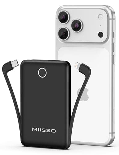 miisso 10000mAh Mini Portable Charger with Built in Cable, Pocket Size Power Bank Travel External Battery Pack for Phone, 3 Output USB Type C Cord Clutch Compatible with iPhone, Samsung, Black