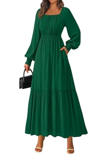 KIRUNDO Casual Fall Dresses for Women 2026 Flowy Long Sleeve Maxi Dress Smocked Empire Waist Square Neck Wedding Party — image 1