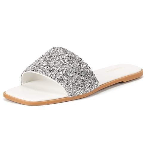 SKETOE Womens Sparkly Rhinestone Sandals Square Open Toe Sandal Slip on Summer Flat Sandals for Beach Wedding Holiday Shopping — image 1