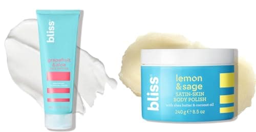 Bliss Hydrate and Exfoliate Duo Body Butter - Grapefruit and Aloe - Maximum Moisture Cream - 6.7 Fl Oz - Body Lotion for Dry Skin Satin-Skin Body Polish - Lemon and Sage - Body Scrub wit