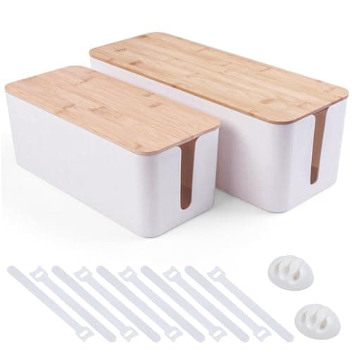 2 Pack Cable Management Box - Cord Organizer Box with Wooden Lid for TV Wires, Power Strips, Router, USB Hub & Under Desk Power: Baby & Pet Proof Cord Management, Cord Hider for Home & Office (White) — image 1