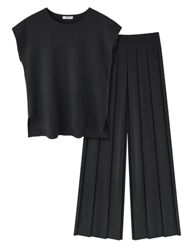 Ekouaer Lounge Sets for Women Two Piece Outfits Knit Cap Sleeve Tops Wide Leg Pleated Pants Casual Dressy Sweater Sets Black