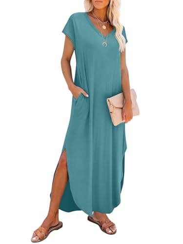 RUMIA Summer Casual Maxi Dresses for Women- Women's V Neck Cap Sleeve Long Sundress with Pockets Beach Vacation — image 1