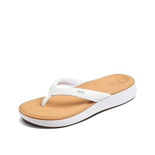 Reef Cushion Cloud Womens Flip Flop, Super Soft Molded Footbed, Arch Support, White/Tan, 8