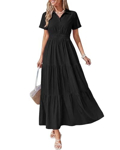 BTFBM Wedding Guest Dresses for Women Beach Fashion Casual Short Sleeve V Neck Solid Spring Summer Boho Maxi Dress — image 1
