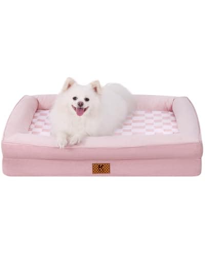 KSIIA Big Dog Bed for Large Dogs, Orthopedic Egg-Crate Memory Foam Pet Bed with Sides, Waterproof Lining and Non Slip Pet Couch with Removable Washable Cover, 36 x 27 Inch, Pink