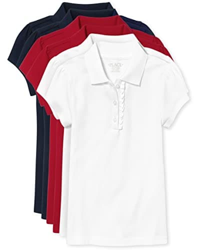 The Children's Place Girls Short Sleeve Ruffle Pique Polo,Ruby/Tidal/White- 6 Pack,L (10/12)