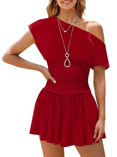 Wenrine Women's Off The Shoulder Mini Dress Summer Short Sleeve Smocked Waist Y2K A Line Going Out Club Dresses — image 1
