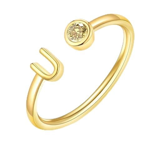 ZNBOH Gold Birthstone Initial Rings for Women Non Tarnish Dainty 14K Gold Plated Adjustable Letter Ring for Women Stackable Cute Thumb Pinky Fashion Unique Open Simple Birthday Gifts Jewelry — image 1