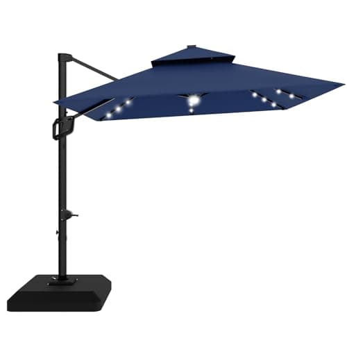 Garvee 10 ft Solar Lights Cantilever Patio Umbrella with Base Included, 360° Rotation Offset Umbrella, Easy Crank & Tilt Adjustment, UV Protection for Backyard, Poolside, Deck -Navy Blue — image 1