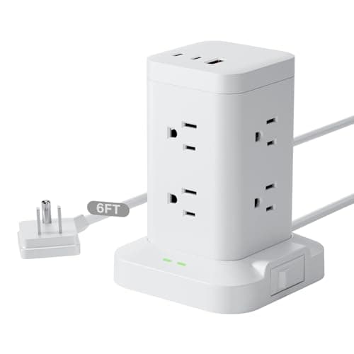Power Strip Tower with Surge Protector 1800J, Fast Charging Tower PD20W USB-C Ports with 8 AC Outlets, 6ft Extension Cord for Home Office Dorm Room, White