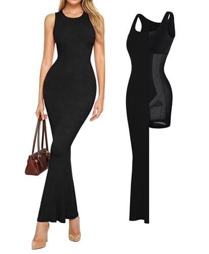 Popilush Shapewear Dress Built in Bra Bodycon Shaper Dress 9 in 1 Crew Neck Sleeveless Maxi Formal Dresses with Zipper Black Medium