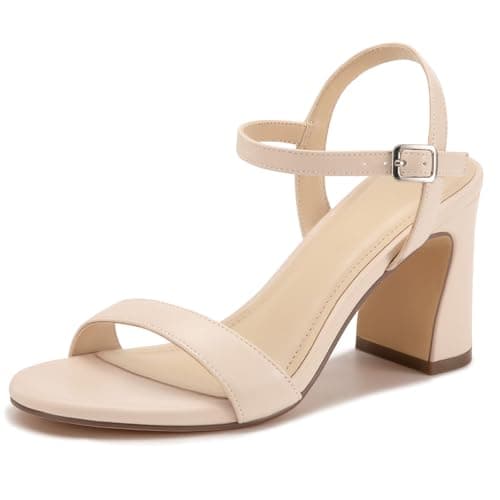 XMWEALTHY Women's Nude High Heels Chunky Block Heeled Sandals Open Toe Ankle Strap Summer Dress 3-Inch Dance Heels for Wedding Prom Size 10