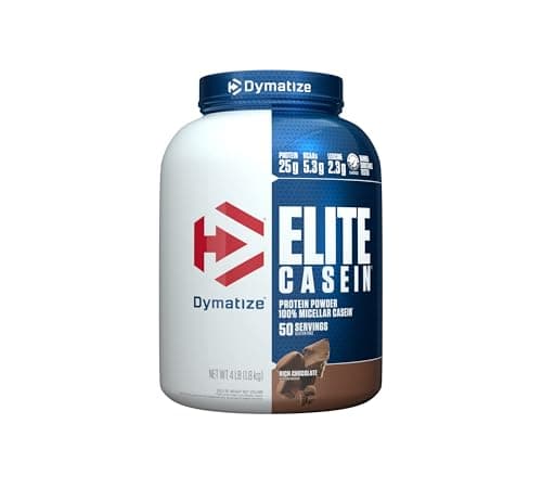 Dymatize Elite Casein Protein Powder, Chocolate, 100% Micellar Casein, 25g Protein, 5.4g BCAAs, 2.3g Leucine, Slow Absorbing for Overnight Muscle Recovery, 4 lb (50 Servings)