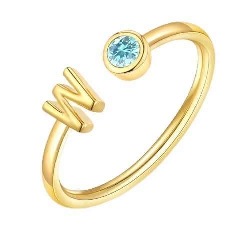 ZNBOH Gold Birthstone Initial Rings for Women Non Tarnish Dainty 14K Gold Plated Adjustable Letter Ring for Women Stackable Cute Thumb Pinky Fashion Unique Open Simple Birthday Gifts Jewelry — image 1