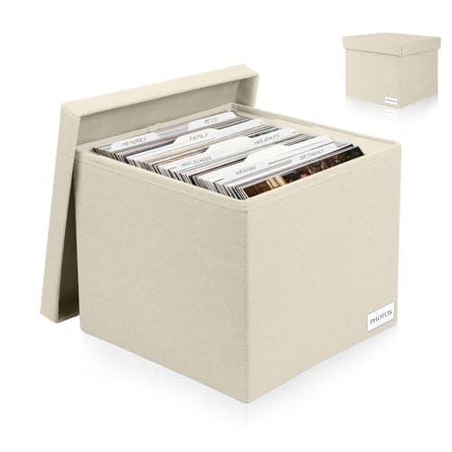 Himake Decorative Photo Storage Box - Linen Photo Box Organizers with Dividers, Fits Holds Up to 800 Photos in 8x10 inch Size, Portable Scrapbook Storage Containers with Lid (Beige) — image 1