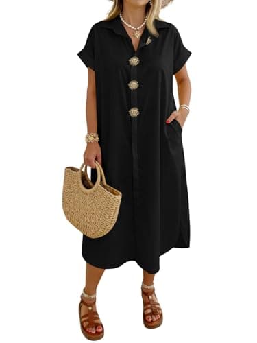 Wenrine Womens Summer Shirt Dress Casual Short Sleeve Button Maxi Dresses Beach Cover Up with Pockets — image 1