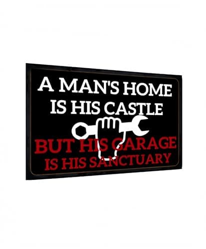 Carastora Men's Vintage Garage Decor, Funny Metal Tin Sign, Quote "A man's home is his castle, his garage his sanctuary", Rustic Style Den Home Bar Accessory, 12x8 Inch — image 1
