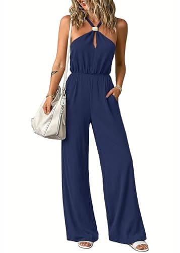 Lazysmile Summer Jumpsuits for Women Sleeveless Halter Backless Pants Romper Dressy Wide Legs One Piece Outfits — image 1