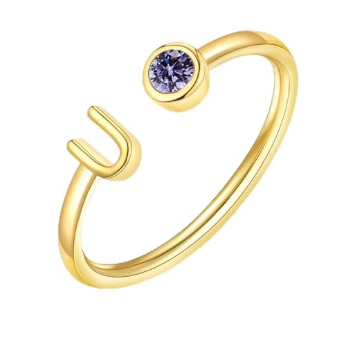 ZNBOH Gold Birthstone Initial Rings for Women Non Tarnish Dainty 14K Gold Plated Adjustable Letter Ring for Women Stackable Cute Thumb Pinky Fashion Unique Open Simple Birthday Gifts Jewelry — image 1