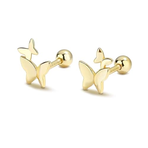 XIUQILAI 14K Gold Plated Stud Earrings for Women, with 925 Sterling Silver Posts, Heart/Butterfly/Snake Small Earring Lightweight Clip On Stud, Cartilage Helix Piercing — image 1