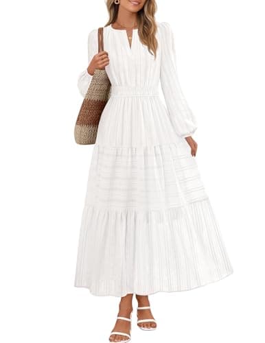 MEROKEETY Winter Spring Midi Dresses for Women 2026 Casual Vacation Long Sleeve V Neck Tiered Cotton Maxi Dress Pockets, White, Medium