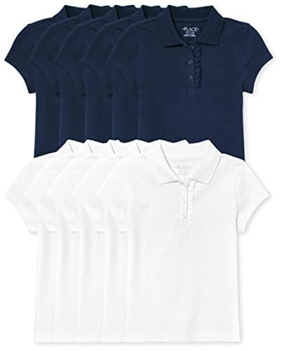 The Children's Place Girls' 10 Pack Short Sleeve Ruffle Pique Polo, Tidal/White, X-Large(Plus)