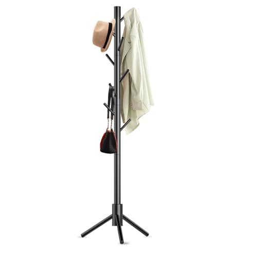 Aliphon Wooden Coat Rack Stand, Freestanding Coat Rack with 8 Hooks, 3 Adjustable Size Coat Tree for Hats, Coats, Scarves bags, Coat Hanger Stand Used in Bedroom/Office/Entryway (Black)