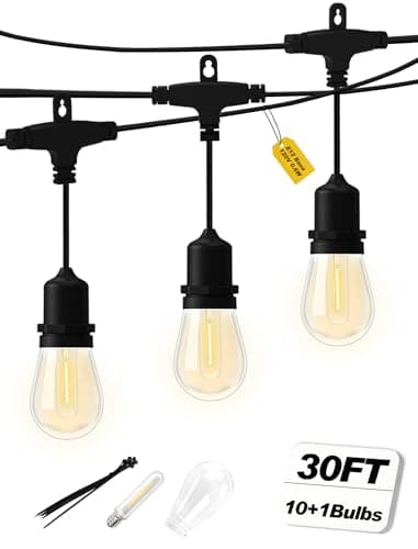Hobbynors Outdoor String Lights 30FT, Patio Lights Outdoor Waterproof, Plug-in Hanging Lights with Shatterproof LED Bulbs, 2700K Warm White, E12 Connectable Lights for Porch Backyard Balcony Gazebo — image 1