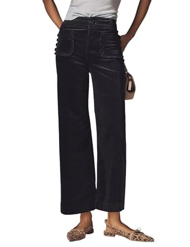 ACCPUR Women Corduroy Wide Leg Pants 2025 Fall Fashion Casual Button Down High Elastic Waist Trousers with Scalloped Pockets — image 1