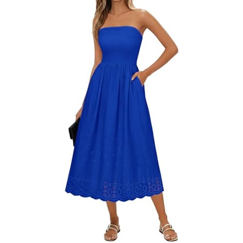 Lazysmile Summer Boho Maxi Dress for Women Strapless Tube Top Lace Trim A Line Beach Casual Long Dress — image 1