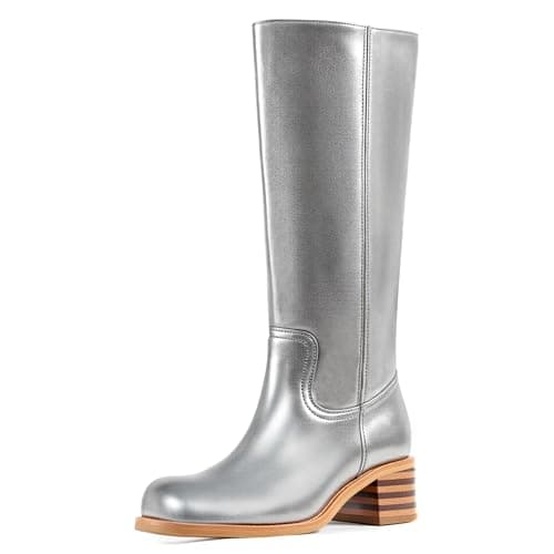 WIRALOMI Women's Knee High Campus Boots Square Toe Chunky Block Low Heel Vintage Long Boots for Women Wide Calf — image 1