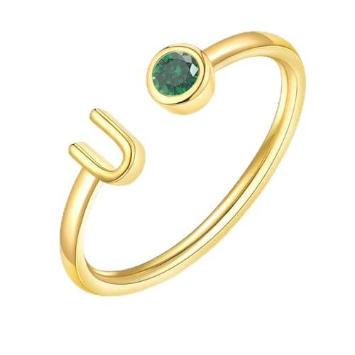 ZNBOH Gold Birthstone Initial Rings for Women Non Tarnish Dainty 14K Gold Plated Adjustable Letter Ring for Women Stackable Cute Thumb Pinky Fashion Unique Open Simple Birthday Gifts Jewelry — image 1