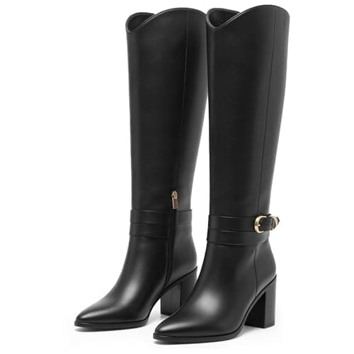 WIRALOMI Knee High Boots for Women Pointed Toe Chunky Heel Boots Metal Buckle Boots with Side Zipper — image 1